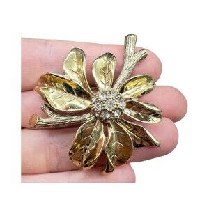 Vintage MONET Gold Rhinestone POINSETTIA FLOWER Brooch Pave Crystal